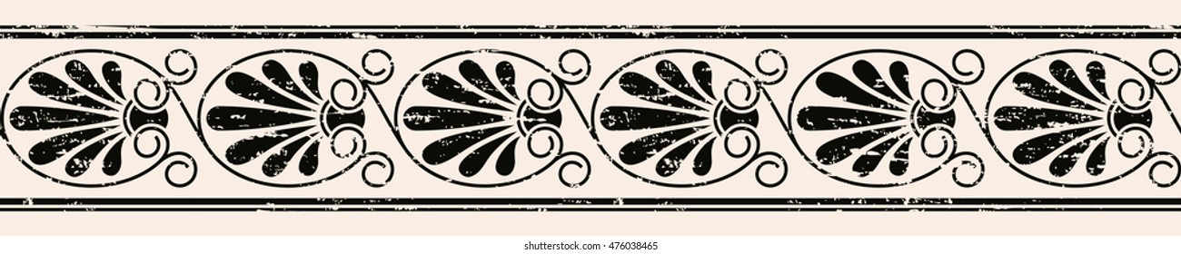 Greek style seamless ornament with aging effect. Black pattern on a beige background.