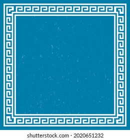 Greek style square frame with ornament and gunge blue background. Copy space for design or text. Vector illustration