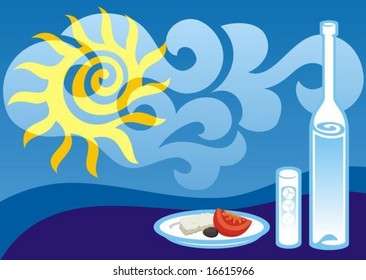 Greek Summer Background Illustration With Ouzo Bottle And Glass