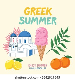 Greek summer. Sunset beach paradise in long beach hand drawn beach prints. sunset beach prints and poster. tropical summer vintage retro vector graphics. summer t-shirt design