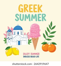 Greek summer. Sunset beach paradise in long beach hand drawn beach prints. sunset beach prints and poster. tropical summer vintage retro vector graphics. summer t-shirt design
