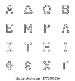 Greek symbols line icons set, outline vector symbol collection, linear style pictogram pack. Signs, logo illustration. Set includes icons as alphabet letters Alpha, Delta, Omega, Beta, Epsilon, Lambda