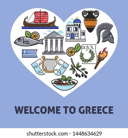 Greek symbols travel to Greece tourism vector national flag and alphabet torch and laurel wreath amphora and pillars olives and salad fish and boat theatrical masks and church gladiator helmet.