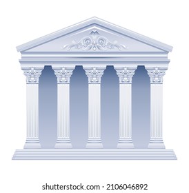 Greek temple building vector. Greek Roman pillar architecture. Ancient column illustration from Greece, Rome. Marble antique house - parthenon acropolis temple court bank. 3d icon on white baackground