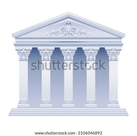 Greek temple building vector. Greek Roman pillar architecture. Ancient column illustration from Greece, Rome. Marble antique house - parthenon acropolis temple court bank. 3d icon on white baackground