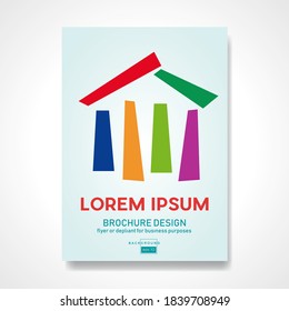 Greek temple with colored columns, cultural tourism and archeology. Retro vector background and logo. Abstract design template for brochures, flyers, magazine, business card, book cover, poster. 
