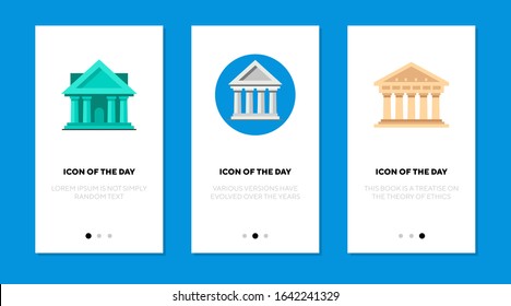 Greek temple flat icon set. Facade, column, museum isolated sign pack. Architecture, antiquity concept. Vector illustration symbol elements for web design and apps