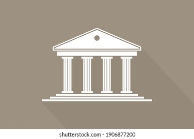 Greek temple. Icon of roman parthenon. Ancient building with columns. Greece architecture with pillar and acropolis. White logo of rome law, bank and pantheon. Antique symbol. Vector.