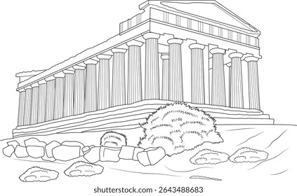 Greek Temple Line Art in Valle dei Templi, Black and white outline illustration of an ancient Greek temple, likely one of the well-preserved structures found in the Valley of the Temples (Valle dei
