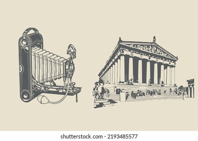 Greek Temple and Old Camera