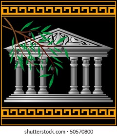 greek temple and olive branch. vector illustration