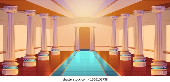 Greek temple, roman architecture, castle corridor with columns and arch entrance. Palace hall with pillars, ancient building design, empty ball room or theater interior. Cartoon vector illustration