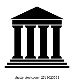 Greek temple vector icon. Roman temple with columns and triangular pediment symbol for ancient architecture, classical design, and historical monuments. Black silhouette isolated on white background.