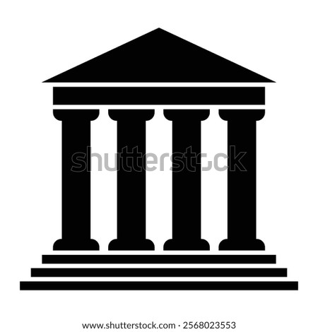 Greek temple vector icon. Roman temple with columns and triangular pediment symbol for ancient architecture, classical design, and historical monuments. Black silhouette isolated on white background.
