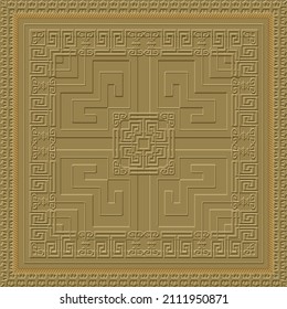 Greek textured 3d seamless pattern. Vector embossed background. Geometric emboss 3d ornament. Greek key meanders frames, borders. Surface relief zigzag design. Embossing tribal ethnic style backdrop.