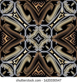 Greek textured abstract 3d vector seamless pattern. Floral ornamental ethnic tribal style background. Geometric repeat backdrop. Grunge ornament. Ornate decorative design. Geometric shapes, flowers.