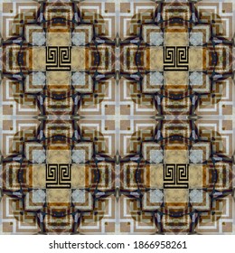 Greek textured vector seamless pattern. Repeat tribal abstract background. Greek key, meanders stone style mosaic ornament. Geometric modern grunge design.  Trendy design. Dirty rough endless texture.