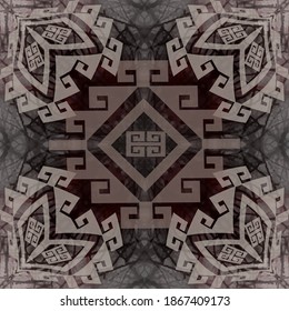 Greek textured vector seamless pattern. Repeat tribal abstract background. Greek key, meanders kaleidoscope ethnic ancient style ornament. Geometric modern grunge design. Dirty rough endless texture.