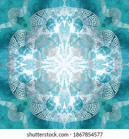 Greek textured vector seamless pattern. Repeat light blue nautical background. Greek key, meanders marine style ornaments. Geometric modern grunge design. Dirty rough endless texture.