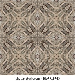 Greek textured vector seamless pattern. Repeat tribal abstract background. Greek key, meanders kaleidoscope ethnic ancient style ornament. Geometric modern grunge design. Dirty rough wood texture.