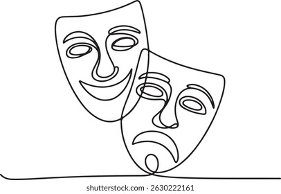 Greek theater mask drawn in continuous one line style representing comedy and tragedy expressions in minimalist elegant vector design

