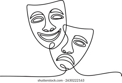 Greek theater mask drawn in continuous one line style representing comedy and tragedy expressions in minimalist elegant vector design

