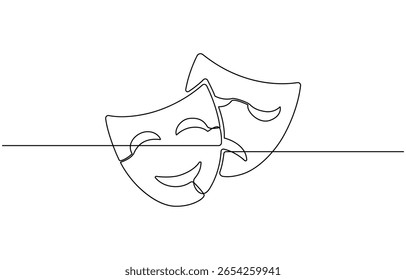 Máscara de teatro grega desenhada em um estilo de linha contínua representando comédia, humor de teatro sorriso máscara uma linha de arte de linha contínua, tragédia máscara de teatro.