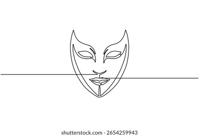 Máscara de teatro grega desenhada em um estilo de linha contínua representando comédia, humor de teatro sorriso máscara uma linha de arte de linha contínua, tragédia máscara de teatro.