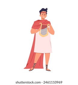 Greek theater performer in costume. Vector illustration of a joyful actor portraying a musician in ancient Greek attire, complete with a traditional lyre and period-style dress.