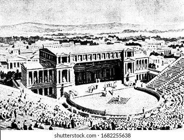 Greek Theatre, Athens, Vintage Engraving