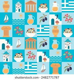 Greek theme seamless pattern. Set of icons with symbols of Greece. Temples, flowers, olives, sea, Santorini. Vector illustration.