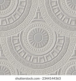 Greek tiled round emboss 3d mandalas seamless pattern. Greek embossed vector background. Surface ethnic style Deco ornaments. Ornamental relief circles with greek key, meander. Endless grunge texture.