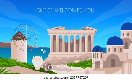 Greek tourism. Greece welcome poster. Ancient temple. City landmark. Antique Europe buildings. Map with architecture and sea. Windmill and old amphora. Vector vacation banner design