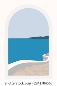 Greek town view flat color vector illustration. Summer holiday in Greece.