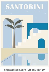 Greek town view flat color vector illustration. Summer holiday in Greece. Mediterranean European culture