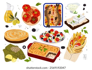 Greek traditional cuisine. Set of illustrations of national Greek dishes moussaka, dolma, stuffed peppers, feta cheese, olive oil, Greek salad.	
