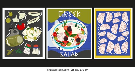 Greek Traditional food poster set . Greek salad abstract retro poster. Greek traditional elements, food and dishes. Vector illustration for a wall art, wallpaper, banner, print