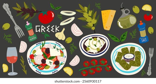 Greek Traditional Food Set. Greek Cuisine. Cartoon retro stickers of traditional cuisine, greek salad, moussaka, dolma, spanakopita, feta cheese, seafood. Greek traditional elements