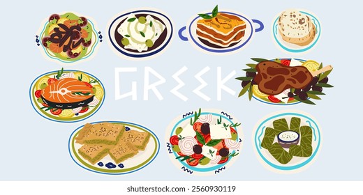 Greek Traditional Food Set. Greek Cuisine. Cartoon retro stickers of traditional cuisine, greek salad, moussaka, dolma, spanakopita, feta cheese, seafood. Greek traditional elements