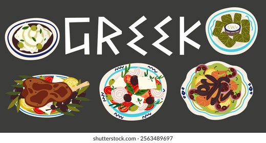 Greek Traditional Food Set. Greek Cuisine. Greek salad, moussaka, dolma, spanakopita, feta cheese, seafood. Greek traditional elements, food and dishes. Vector illustration on a gray background