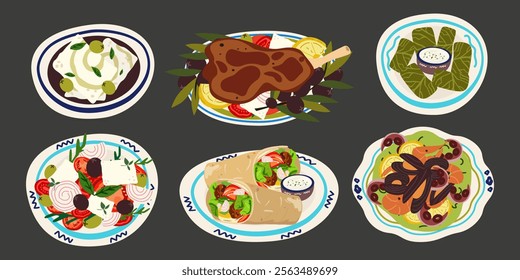 Greek Traditional Food Set. Greek Cuisine. Greek salad, moussaka, dolma, spanakopita, feta cheese, seafood. Greek traditional elements, food and dishes. Vector illustration on a gray background