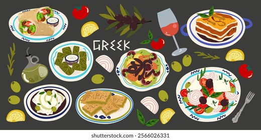 Greek Traditional Food Set. Greek salad, moussaka, dolma, spanakopita, feta cheese, seafood. Greek traditional elements, food and dishes. Vector illustration on a gray background