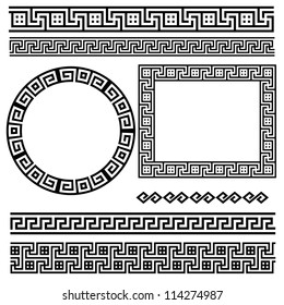 Greek traditional meander border set. Vector antique frame pack. Decoration element patterns in black and white colors. Ethnic collections. Vector illustrations.