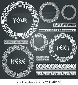 Greek traditional meander border set. Vector antique frame pack. Decoration element patterns isolated on chalkboard background. Ethnic collections. Vector illustrations. Can be used as divider, frame