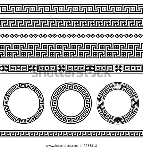 ギリシャ語の伝統的な意味の境界セット ベクター画像骨董フレームパック 白黒の装飾エレメントパターン 民族コレクション ベクターイラスト のベクター画像素材 ロイヤリティフリー