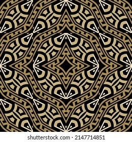 Greek tribal ethnic style golden seamless pattern. Ornamental modern vector background. Elegant beautiful creative ornaments. Greek key meanders. Repeat patterned ornate backdrop. Endless texture.