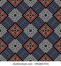 Greek tribal ethnic style seamless pattern. Geometric colorful ancient style background. Vector repeat backdrop. Abstract modern ornaments with borders, greek key, meanders, geometric shapes, rhombus.