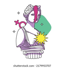 Greek trippy female bust sculpture with cracked face. Cartoon vector illustration in psychedelic y2k trip style.