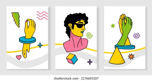 Greek trippy sculpture. Cartoon vector posters and banners in psychedelic trip style.