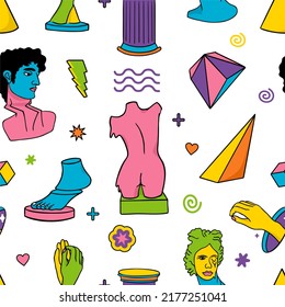 Greek trippy sculpture pattern. Cartoon vector posters and banners for textiles and packaging in a psychedelic trip style.